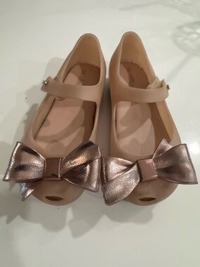 Mini Melissa Pink Jelly Mary Jane Flats with Metallic Bow